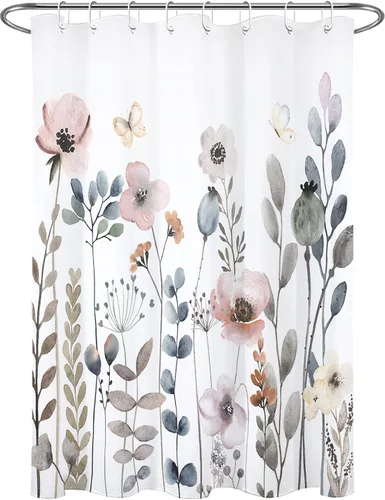 Vista 23 de Cortina de ducha con diseño bohemio de plantas y flores de acuarela sobre fondo beige, cortina de ducha de baño con hojas naturales, cortina