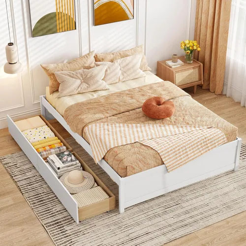 Vista 9 de Giantex Base de cama de plataforma de tamaño individual con 2 cajones de almacenamiento, marco de cama de madera maciza, base de colchón de soporte