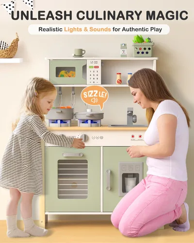 Vista 2 de Babytronic Cocina de juego para niños, juego de cocina de madera para niños a partir de 3 años con luces reales, sonidos, estufa, fregadero, horno