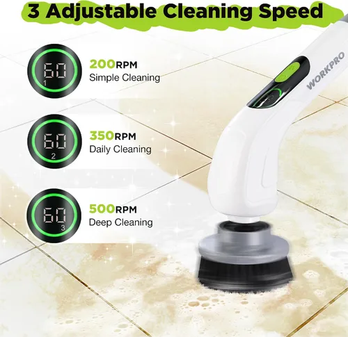 Vista 3 de WORKPRO - Limpiador giratorio inalámbrico de 8 V, 8 cabezales de cepillo reemplazables y 3 velocidades Long Adjustable Handle, IPX6 Waterproof