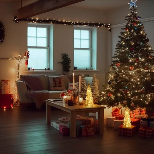 Vista 9 de Árbol de Navidad de vidrio decorativo con luz LED: 13.5" de alto, adorno de mesa de batería para las fiestas, decoración navideña de vidrio