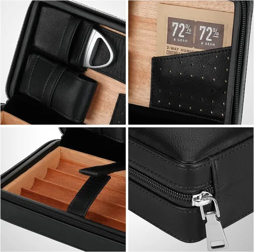 Vista 3 de Humidor de Puros Portátil, Estuche de Puros de Madera de Cedro y Cuero con Encendedor y Cortapuros, Negro