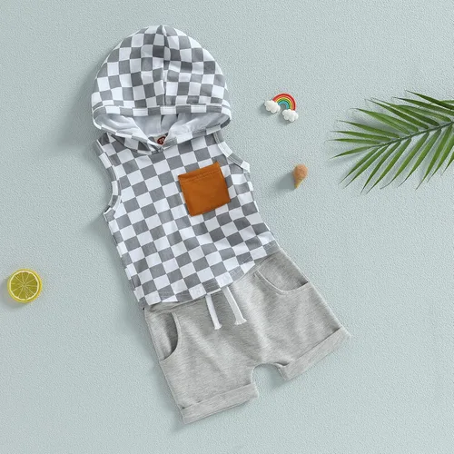 Vista 16 de Conjunto de ropa de verano para bebé niño y niño, diseño a cuadros, manga corta, sudadera con capucha y pantalones cortos casuales
