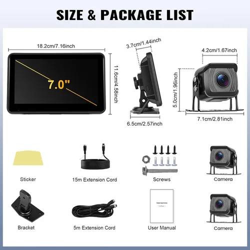 Vista 7 de Kit de sistema de cámara de respaldo 1080P, monitor de marcha atrás de 7 pulgadas con función de grabación de visión nocturna DVR Monitor 2 cámaras