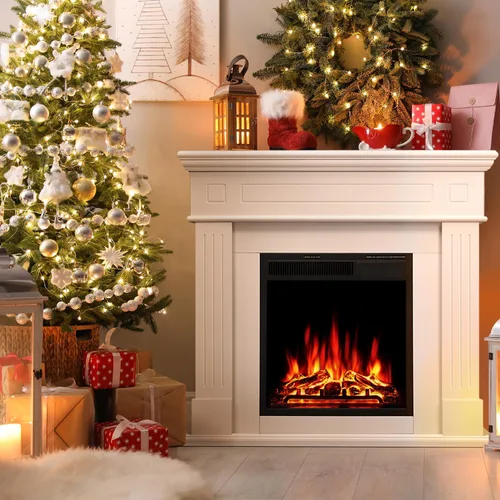 Vista 9 de Chimenea eléctrica con chimenea envolvente de madera, control remoto, llama LED ajustable, chimenea independiente de 750 W/1500 W (blanco perlado)