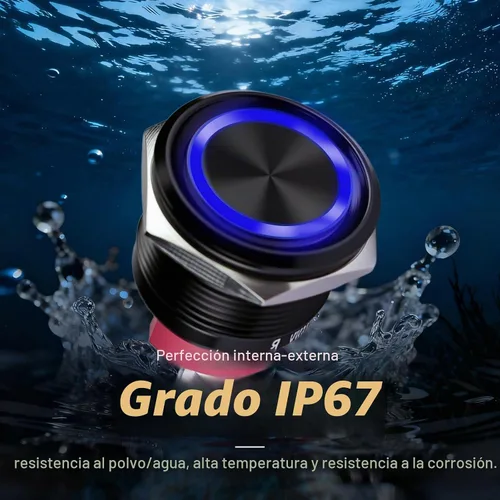 Vista 3 de Interruptor de botón de 15 amperios, interruptor de botón de cierre de 16 mm (0,63") 12V-24V AC/DC con luz LED impermeable IP67 tipo ojo de ángel