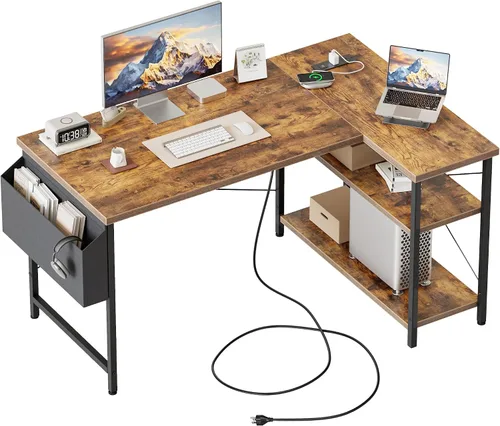 Vista 25 de Mericonia Escritorio pequeño en forma de L para computadora con tomas de corriente, escritorio de juegos para espacios pequeños, escritorio