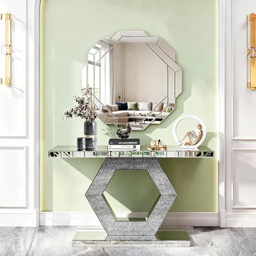 Vista 22 de Mesa Consola Negra con Espejo, Mesa de Sofá de Cristal Rectangular de 48 pulgadas con Elementos Tallados Vintage con Espejo, Muebles de Espejo