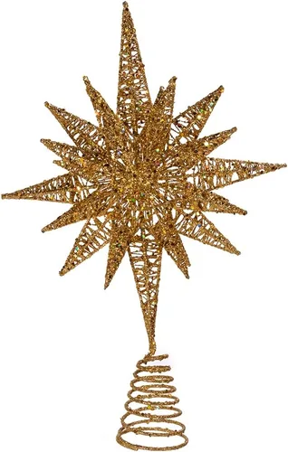 Vista 5 de Kurt Adler Estrella 3D de Alambre con Purpurina Dorada Sin Luz para Copa del Árbol, 16.5 pulgadas de largo, Tono Dorado, Metal, Decoración Navideña