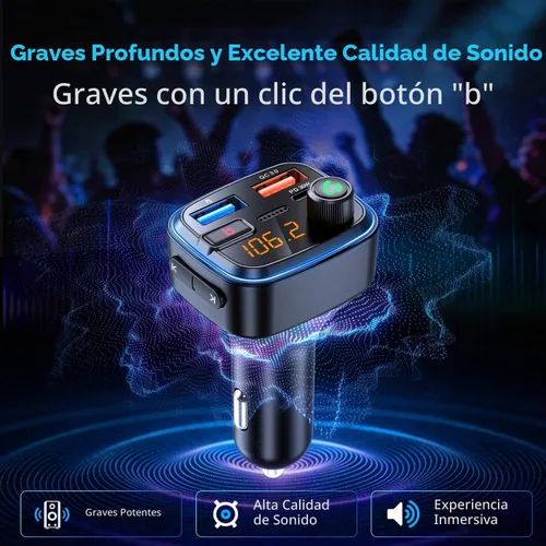 Vista 6 de Adaptador Bluetooth 5.4 de carga USB Bluetooth para automóvil, radio transmisor FM inalámbrico, llamadas manos libres y receptor de audio (azul-48W)