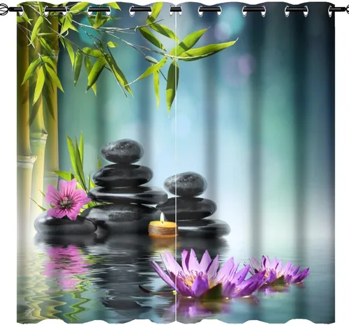 Vista 9 de Cortinas opacas de estilo japonés para dormitorio, hermoso pavo real, spa, verde, bambú, piedra negra, con ojales, aislamiento térmico, para Jardín