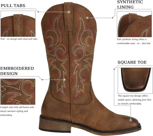 Vista 2 de J's.o.l.e Botas vaqueras de punta cuadrada para mujer, de media pantorrilla, con tacón grueso, bordado retro, botas occidentales
