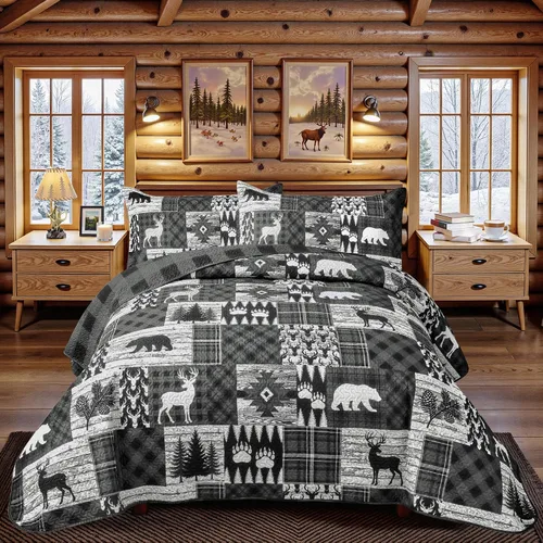 Vista 22 de Juego de 3 piezas de colcha tamaño King para cabaña, reversible, navideño, rústico, de microfibra, suave, ligera, de granja, con 2 fundas de 2-Oso