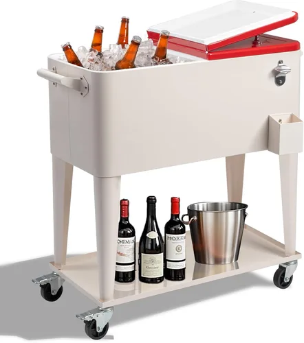 Vista 10 de Outvita Hielera Rodante de 80 Cuartos, Enfriador Portátil de Bebidas para Bar con Bandeja Colectora, Bandeja de Almacenamiento Inferior