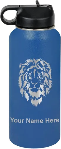 Vista 50 de LaserGram Botella de agua personalizada, cabeza de león, acero inoxidable de doble pared aislada al vacío con popote superior, regalo grabado