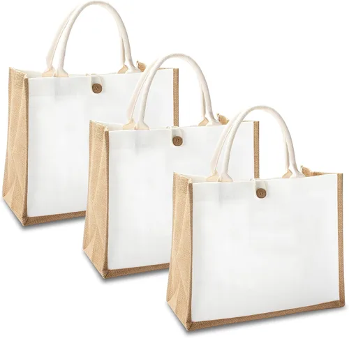 Vista 7 de Bolsa de yute de 14.5 x 6.7 x 10.2 pulgadas, 1 bolsa de arpillera, bolsas de viaje de yute con asa, bolsa de comestibles reutilizable para dama