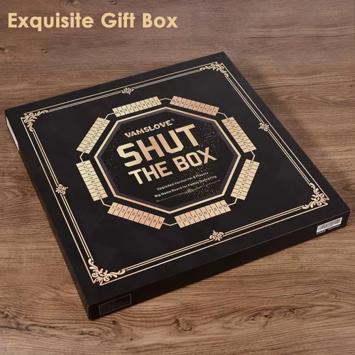 Vista 7 de Vamslove Juego de dados Shut The Box para 2 a 8 jugadores, mesa de madera mejorada con 16 + 6 dados, juego educativo para adultos, instrucciones