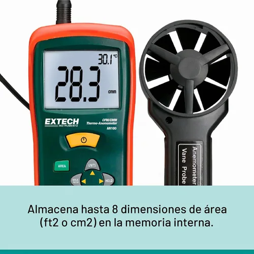 Vista 4 de Extech AN100 CFM/CMM Mini termoanemómetro, flujo de aire y velocidad Air flow CFM/CMM, air velocity, ambient temp, 20-point average, stored area