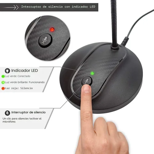 Vista 4 de Micrófono USB, diseño de cuello de cisne ajustable de 360 grados, botón de silencio e indicador LED, tecnología de cancelación de ruido, plug &