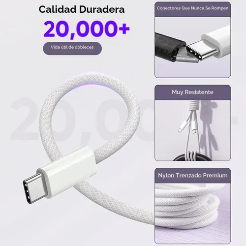 Vista 5 de 2 unidades de cable trenzado iPhone 17/16/15 Pro Max USB C a C, cargador Apple tipo C de 40 W PD de 4 puertos con enchufe de pared y cable trenzado