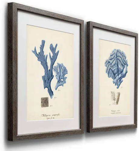 Vista 2 de Renditions Gallery Antique Coral in Navy (1) 2 Piece Framed Artwork Set, Underwater Ocean Themed Pair, Blue, Modern Distressed Silver Frame, White