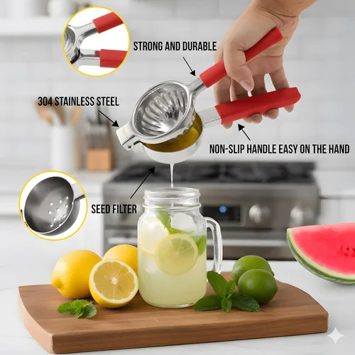 Vista 3 de Exprimidor de limón de mano de acero inoxidable – Exprimidor de cítricos de gran capacidad resistente con mango antideslizante – Resistente al