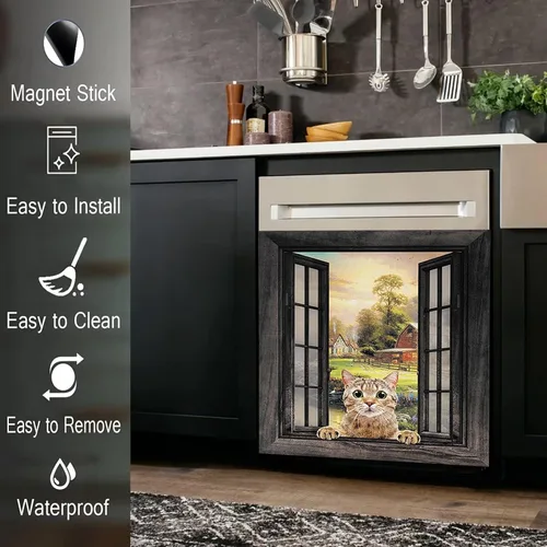 Vista 5 de Divertida funda magnética para lavavajillas para mascotas, cubierta magnética para puerta de lavavajillas con lindo gato, cubierta para panel