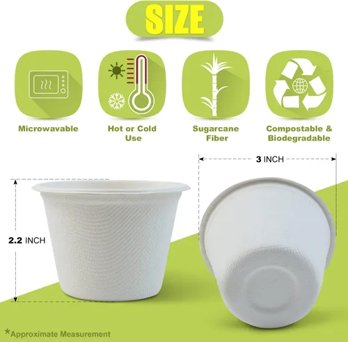 Vista 6 de Green Earth, Vasos compostables de bagazo de 4 onzas, material de fibra de caña de azúcar biodegradable, blanco, paquete de 50 Biodegradable