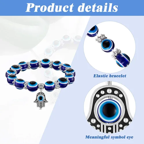 Vista 2 de Yaomiao 6 Piezas Pulsera de Ojo Malvado Hamsa Pulsera de Encanto con Cuentas Elástica Pulsera de Mano de Fátima Amuleto Turco de Ojo Malvado
