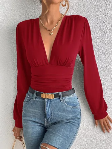 Vista 4 de SweatyRocks Enterizo de manga larga con cuello en V profundo para mujer
