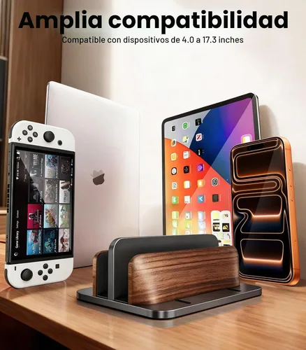 Vista 6 de LOXP Soporte vertical para laptop, [doble ranura de madera + soporte de aluminio para portátil], soporte ajustable para MacBook de escritorio, base