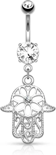 Vista 3 de Pierced Owl 14G Stainless Steel Beaded Hamsa Hand CZ Dangle Belly Ring Chapado en oro de 14 quilates.