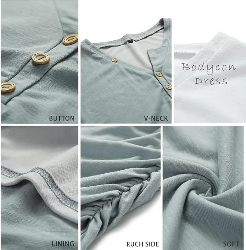 Vista 9 de BTFBM Vestidos cortos para mujeres, estilo casual de cuello en V, manga corta, vestido entallado y fruncido con botones, de verano