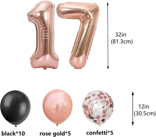 Vista 3 de Decoraciones de cumpleaños número 17 para niñas, pancarta de cumpleaños número 17 color negro y rosa dorado con estrella número 17, globos