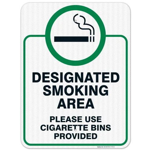 Vista 12 de Letrero designado para zona de fumar, letrero con texto en inglés "Please Use Cigarrette Bins Sign", 10 x 7 pulgadas, libre de óxido, aluminio 040