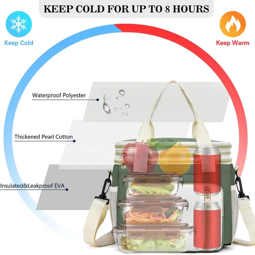 Vista 3 de Lonchera y bolsa de almuerzo para mujeres y hombres, lonchera grande aislada para adultos, a prueba de fugas, bolsa enfriadora para el trabajo