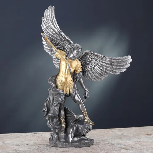 Vista 4 de Veronese Design 14 5/8 pulgadas Saint Michael pisotea la escultura de resina de demonio fundido en frío estatua de acabado de peltre