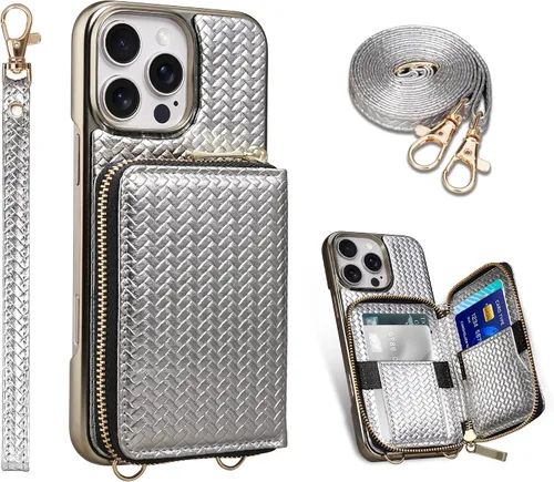 Vista 9 de Funda para iPhone 12 Pro/iPhone 12 de 6.1 pulgadas, cartera cruzada con cremallera para mujer, tarjetero con bloqueo RFID, funda de cuero con Negro