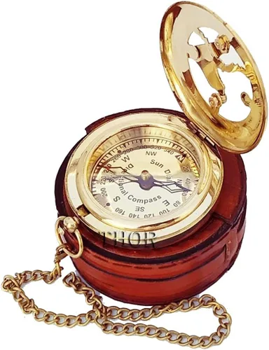 Vista 2 de Hermosa brújula de reloj de sol de latón con caja de cuero marrón y cadena Brújula abierta Camping Senderismo Steampunk Acabado de latón