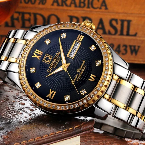 Vista 4 de Gosasa Relojes de oro de lujo hechos en Suiza, relojes de diamantes de acero inoxidable dorado luminoso de la semana del calendario de la exhibición