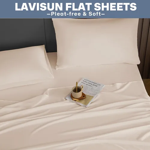 Vista 8 de Lavisun Paquete de 2 sábanas planas, sábanas planas de calidad de hotel, sábanas de microfibra cepillada, sábanas a granel para masaje, hogar, Beige