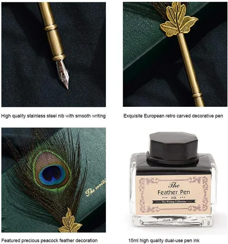 Vista 6 de Juego de bolígrafos de plumas de pavo real, caligrafía antigua, bolígrafo de inmersión de tinta con soporte, tinta y 5 puntas de repuesto en caja