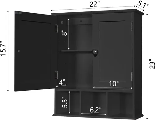 Vista 2 de TaoHFE Gabinete de almacenamiento negro para baño sobre el inodoro, organizador de gabinete de medicina de pared con 2 puertas y estantes