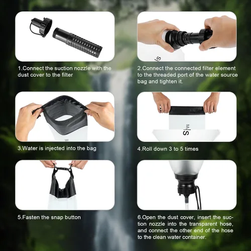 Vista 5 de Pajita de Filtro de Agua por Gravedad 3L, Sistema de Filtración de Agua para Camping con Purificador, Purificador de Agua de Supervivencia