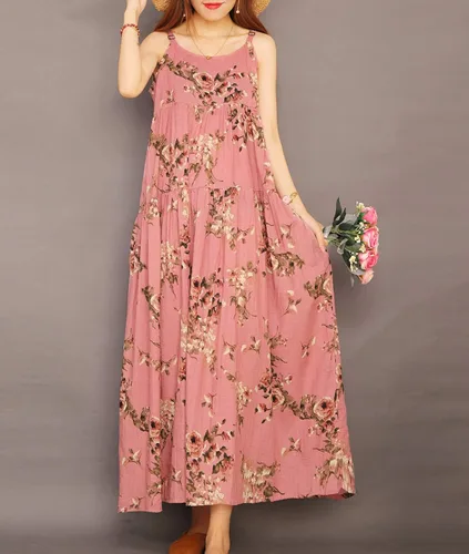 Vista 3 de YESNO - Vestidos largo de verano para mujer 2022 estilo casual y bohemio holgado con estampado floral bolsillos y tirantes delgados E75