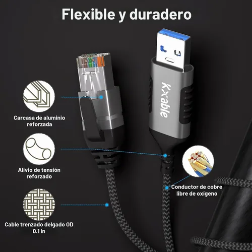 Vista 4 de Kxable Cable USB a Ethernet delgado de 4 pies, cable delgado USB 3.0 A a RJ45, conectado directamente, aluminio, trenzado, OFC, cable de red LAN USB