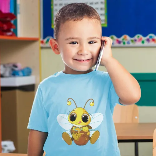 Vista 2 de Camiseta de algodón para niños pequeños con diseño de abejas y animales, Diseo Aqua Blue.