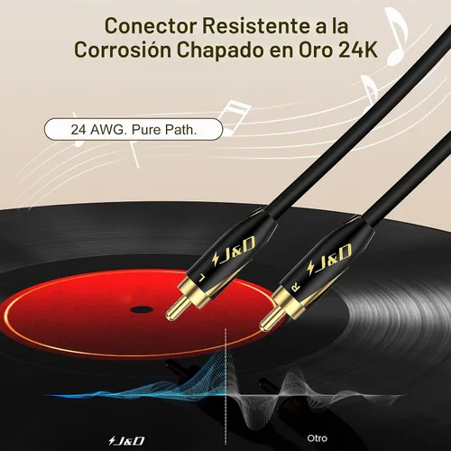 Vista 5 de J&D Audiophiles - Cable RCA de 24 AWG 2RCA macho a macho, cable de audio de interconexión estéreo, cable de subwoofer chapado en oro para cine