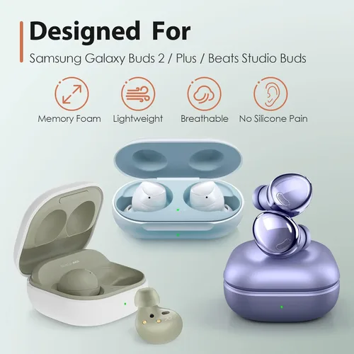 Vista 2 de Puntas de espuma viscoelástica para Samsung Galaxy Buds 2 / Plus/Beats Studio Buds, sin dolor de silicona en las orejas, almohadillas de repuesto