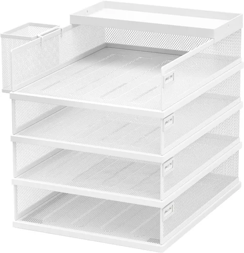Vista 8 de FANXIYQ Bandejas de Metal Apilables para Cartas, Organizador de Escritorio de 4 Niveles y Bandejas de Papel para Oficina, Bandejas Apilables